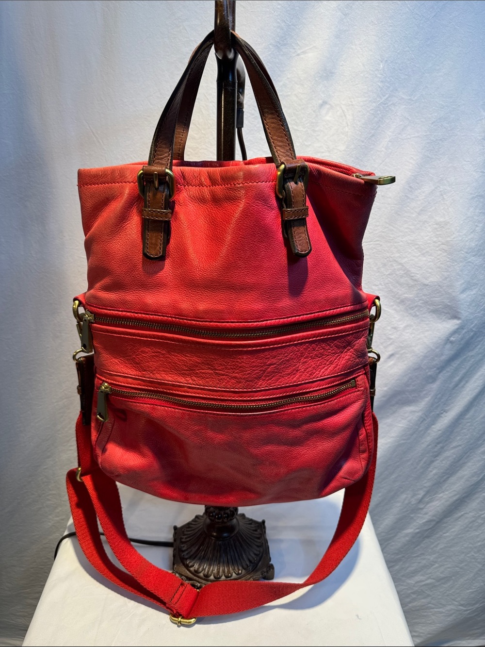 Fossil Vintage Red Leather Multi-Zip Shoulder Bag with Brown Handles